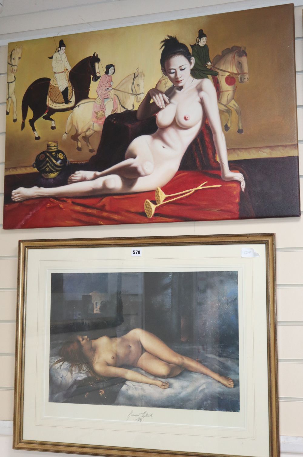 Asian School, modern oil on canvas, Nude before an antique screen, 61 x 91.5cm, unframed and a modern print of a reclining nude, 38 x 5